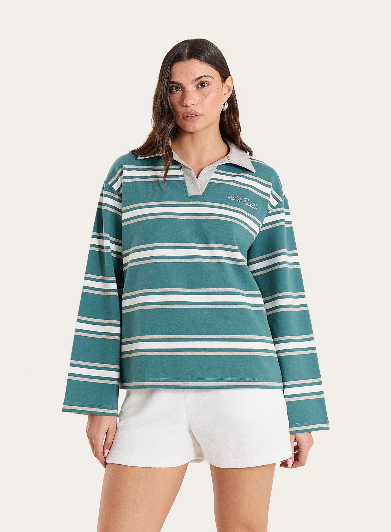 Green And White Stripe Branded Rugby Top